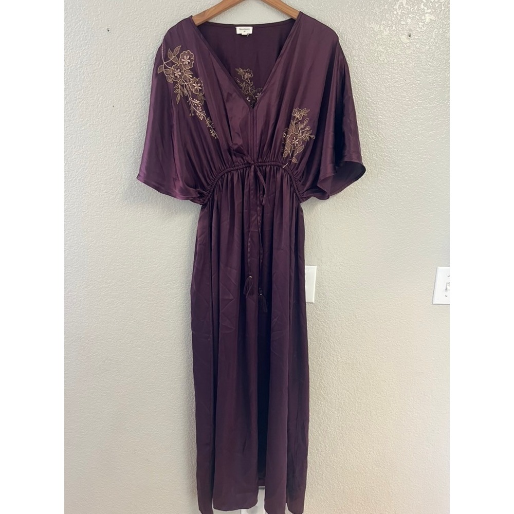 World Market Plum Purple Satin Floral Embroidered Maxi Dress L/XL
